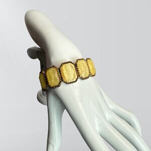 Vintage Art Nouveau Emerald Cut Yellow Stone & Gold Metal Bracelet